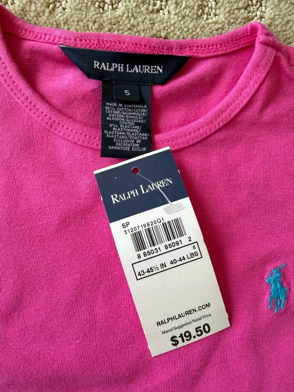 NWT Ralph Lauren Girls' Hot Pink Short Sleeve Tee, Size 5